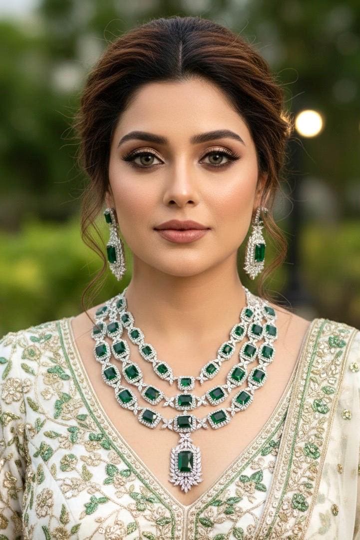 EILEENA Multilayer Emerald Green American Diamond High Quality necklace set wedding bridal  jewelry,zircon cz, pakistani Nikaah jewelry