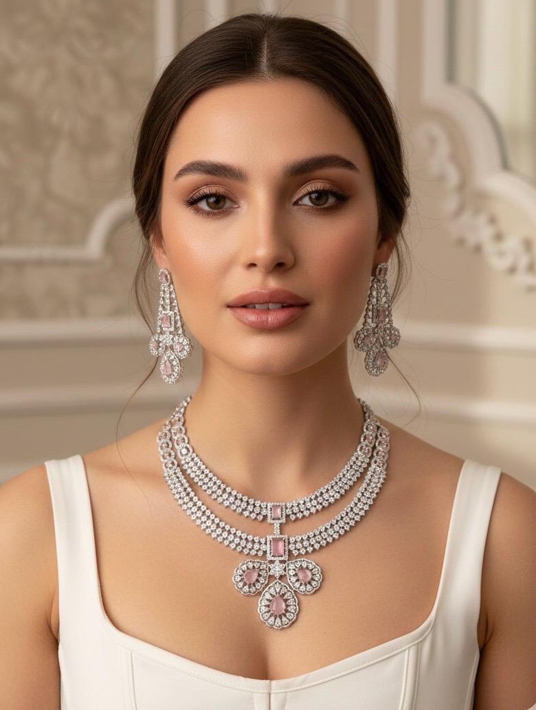 LYLA Light pink American Diamond necklace set, pink colour jewelry,Pakistani nikaah wedding jewelry,Indian bollywood jewelry maangtika