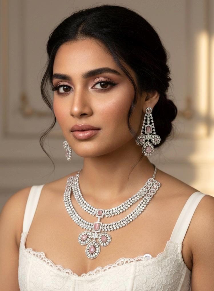 LYLA Light pink American Diamond necklace set, pink colour jewelry,Pakistani nikaah wedding jewelry,Indian bollywood jewelry maangtika