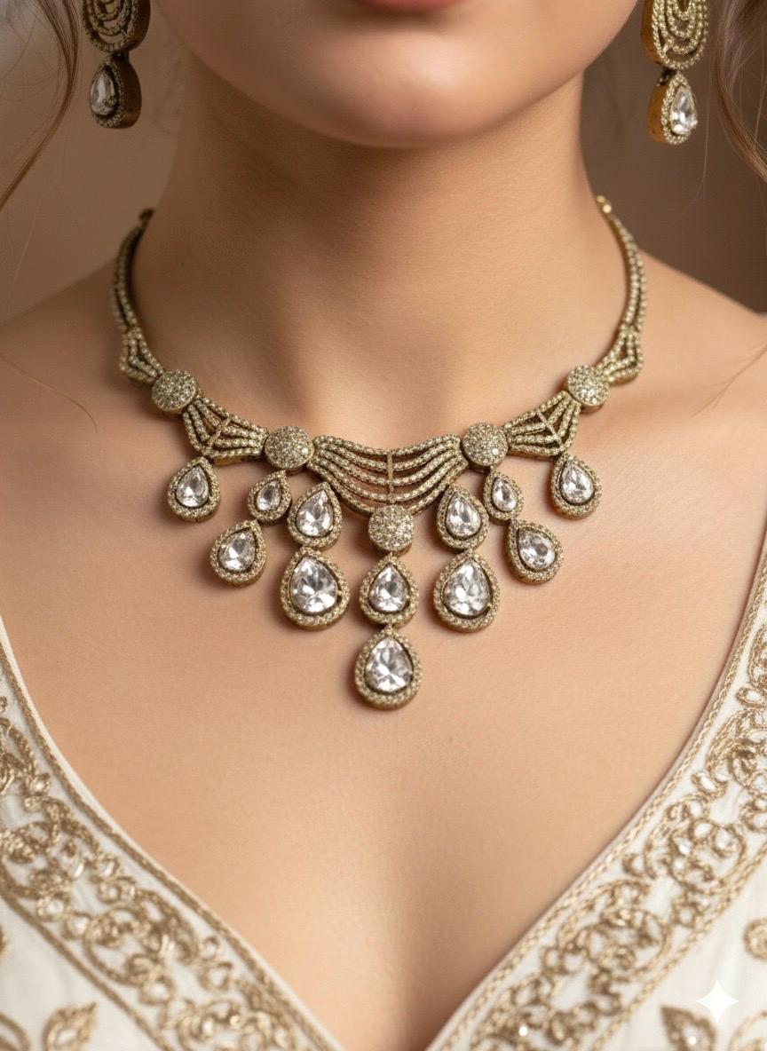 KOYEL clear stones cz zircon necklace set in  mehndi golden polish, antique polish Indian pakistani  jewelry