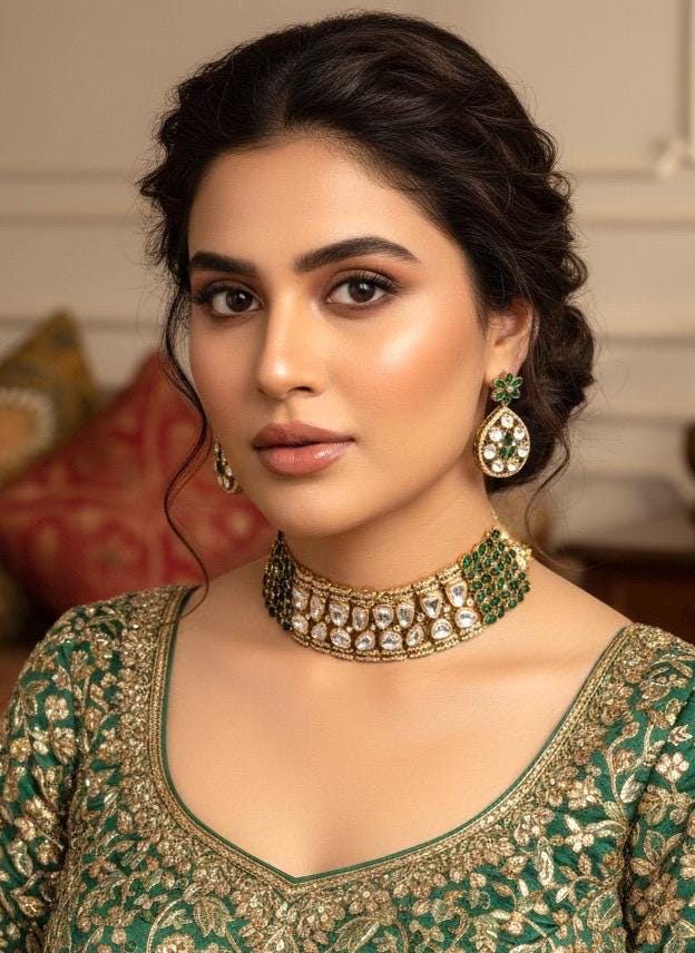 KUSUM Emerald Green kundan and polki Choker necklace with matching earrings ,Indian Pakistani wedding and festive jewelry