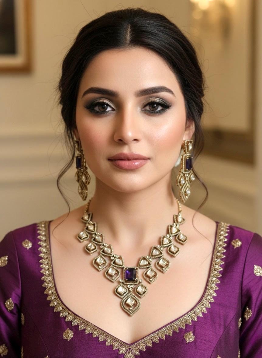 MENUKA Victorian style Purple Doublet Stone Necklace Set with Earrings, kundan necklace set, Indian Pakistani traditional jewelry