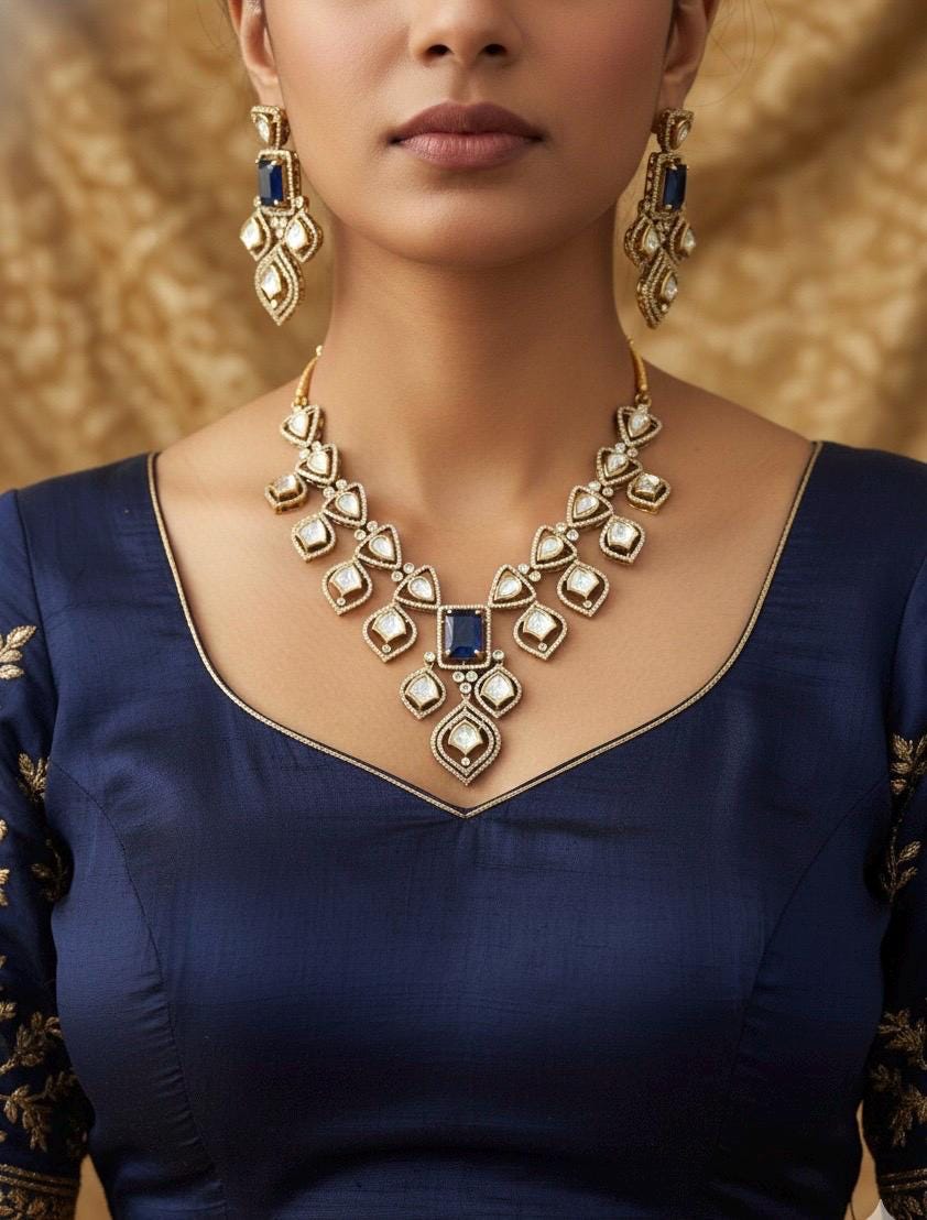 MENUKA Victorian style Sapphire blue Doublet Stone Necklace Set with Earrings, kundan necklace set, Indian Pakistani traditional jewelry