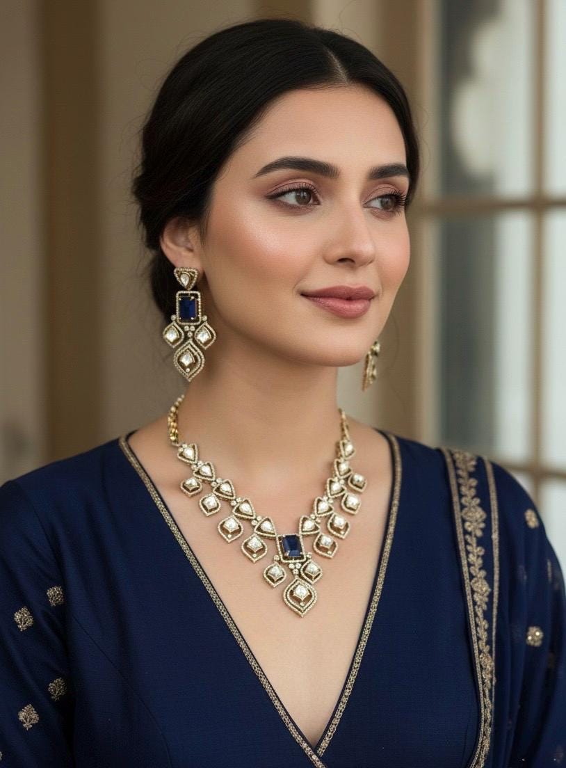 MENUKA Victorian style Sapphire blue Doublet Stone Necklace Set with Earrings, kundan necklace set, Indian Pakistani traditional jewelry