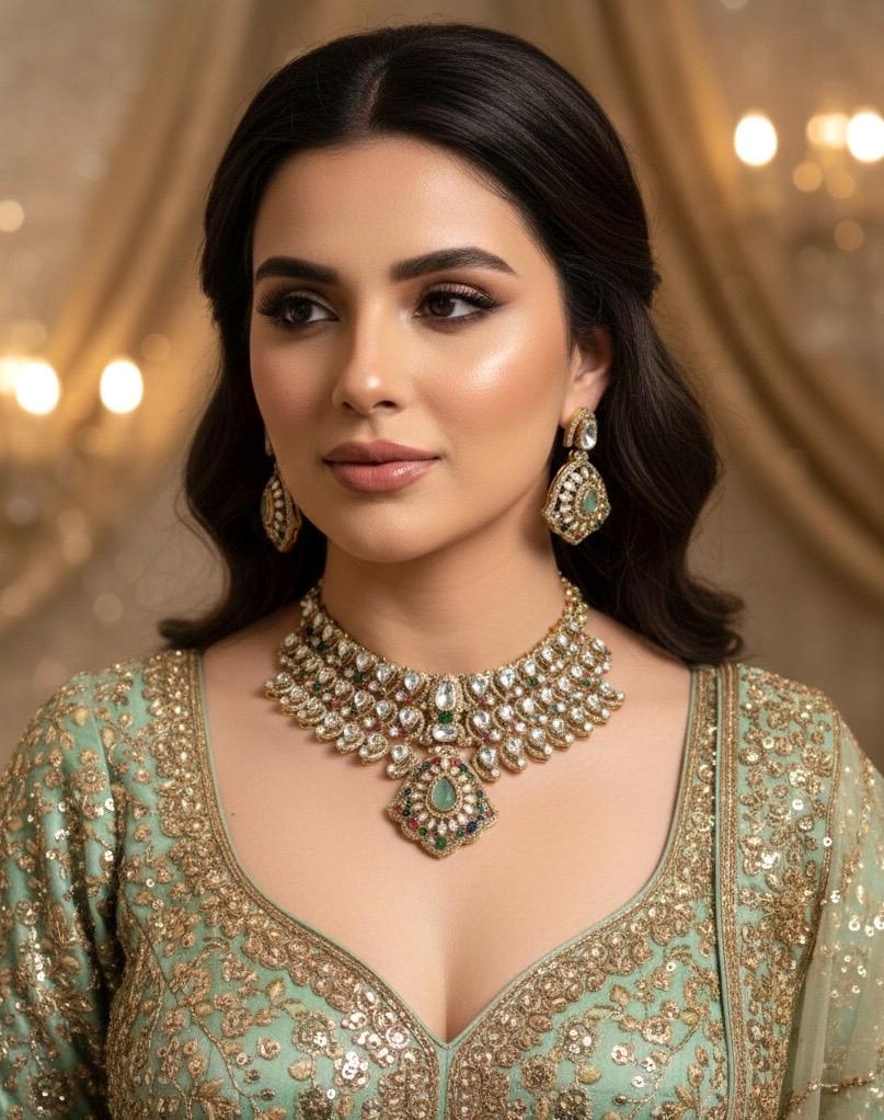 MEHRNAZ  Royal look Multicoloured kundan and polki choker Necklace Set,Indian Pakistani  wedding bridal jewelry in doublet stone