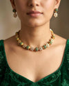 ESHAL green colour cz zircon sleek necklace with matching earrings, Indian ethnic jewelry in matt gold polish