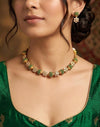 ESHAL green colour cz zircon sleek necklace with matching earrings, Indian ethnic jewelry in matt gold polish