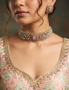 SHAZA mint pink kundan choker set in matt gold polish ,cz Indian Pakistani wedding and festive jewelry
