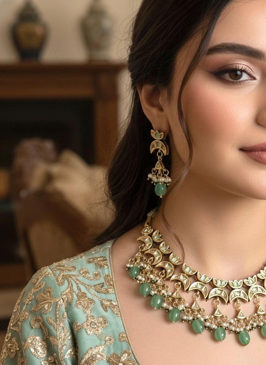 REYNA Sabyasachi inspired Mint  Fusion Kundan necklace set, indian wedding Rajwada jewelry/ pakistani jewelry