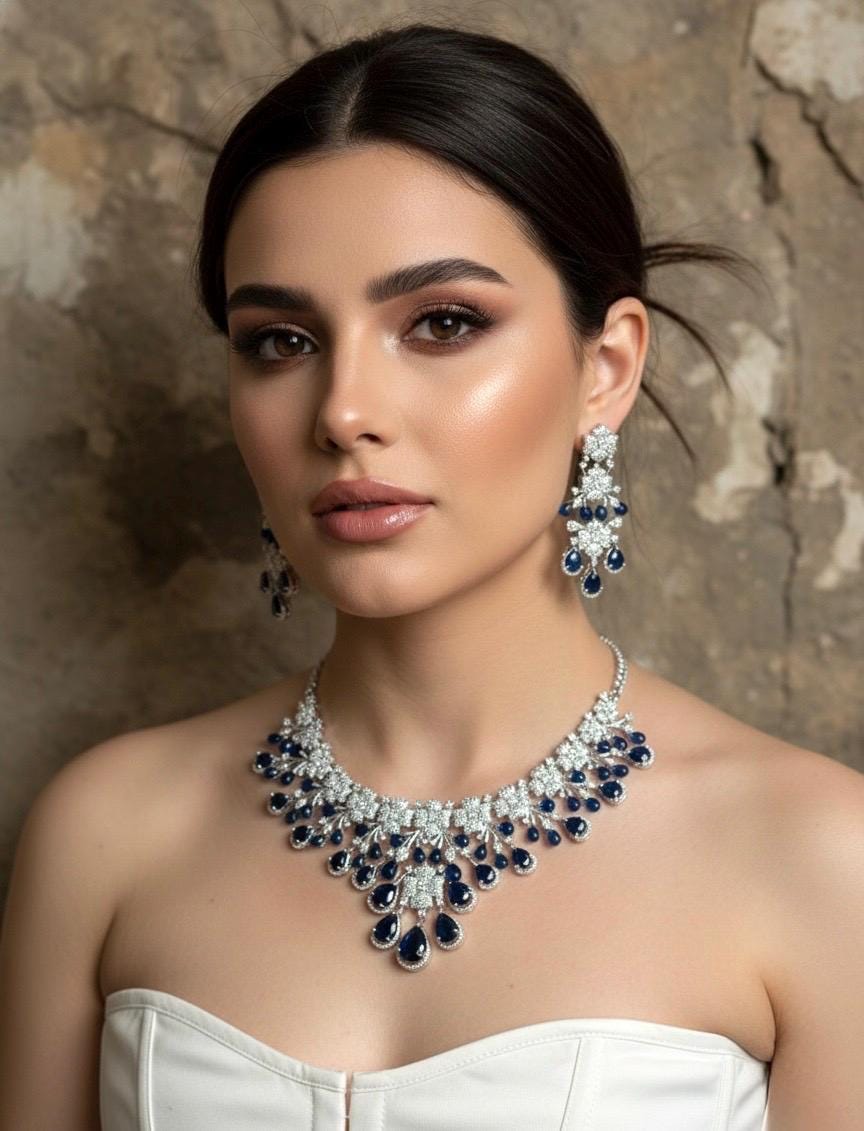 IRIS Sapphire blue necklace earrings in American Diamond Classy high quality cz zircon jewelry,prom blue colour jewellery set