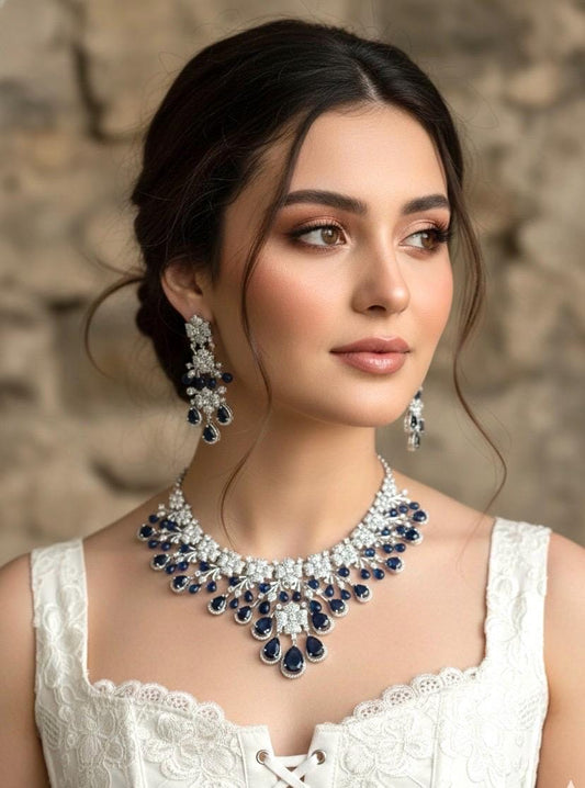 IRIS Sapphire blue necklace earrings in American Diamond Classy high quality cz zircon jewelry,prom blue colour jewellery set