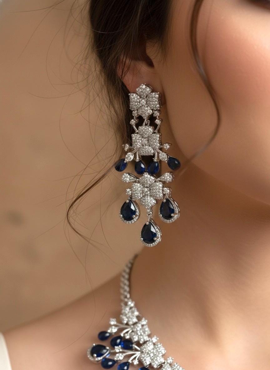 IRIS Sapphire blue necklace earrings in American Diamond Classy high quality cz zircon jewelry,prom blue colour jewellery set