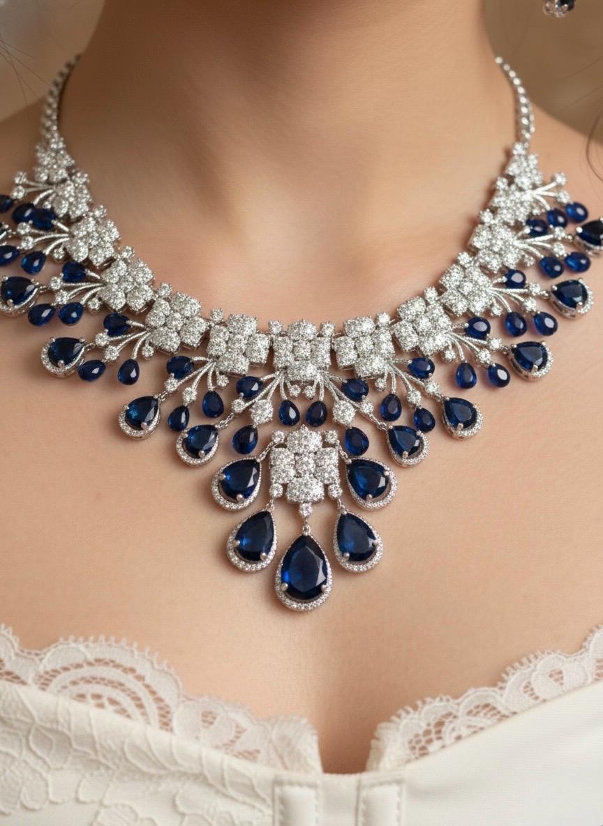 IRIS Sapphire blue necklace earrings in American Diamond Classy high quality cz zircon jewelry,prom blue colour jewellery set