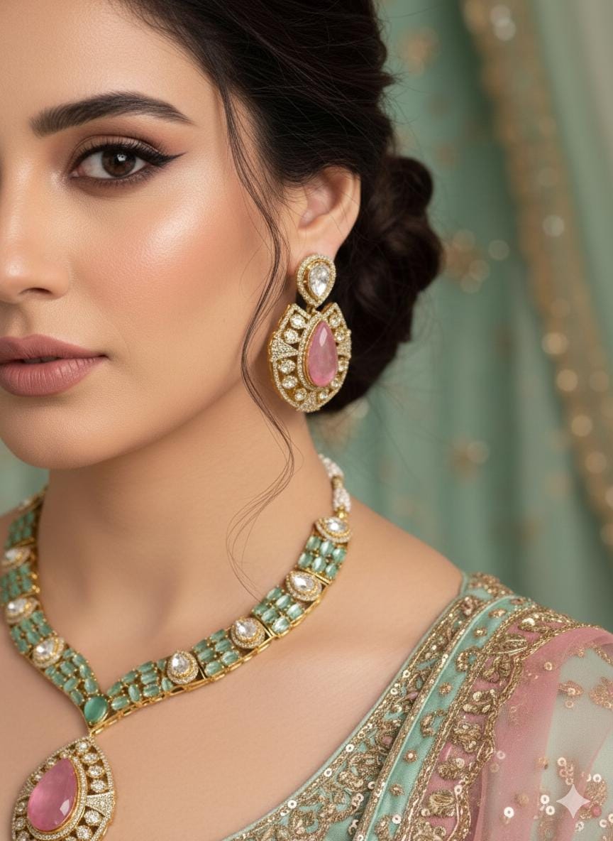 SUHAIRA Sabyasachi inspired mint pink colour  kundan necklace set in premium quality doublet stones,Indian wedding Bridal pakistani jewelery