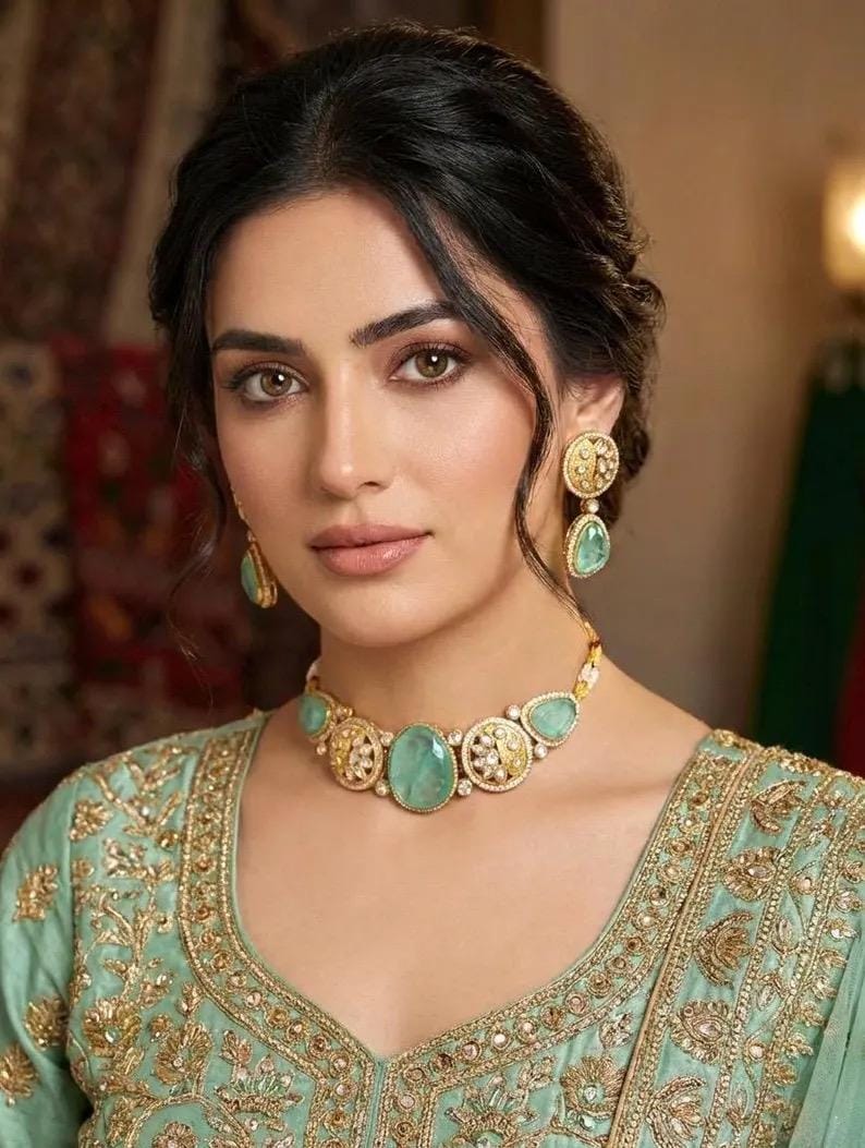 MEHA Mint Doublet Stone Choker Necklace Set with Earrings,Indian Pakistani wedding jewelry