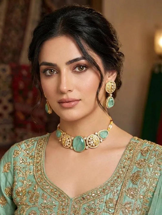 MEHA Mint Doublet Stone Choker Necklace Set with Earrings,Indian Pakistani wedding jewelry