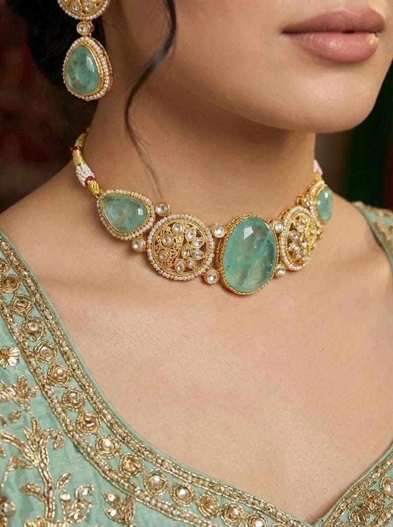 MEHA Mint Doublet Stone Choker Necklace Set with Earrings,Indian Pakistani wedding jewelry