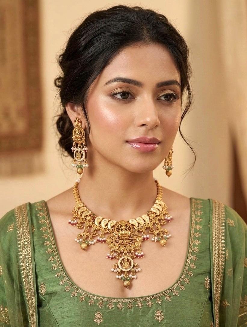 RAMAA Gold tone Rajwadi jewellery South Indian jewelry, necklace earrings, Indian golden jewelry,kempu,Goddess Lakshmi temple jewelry