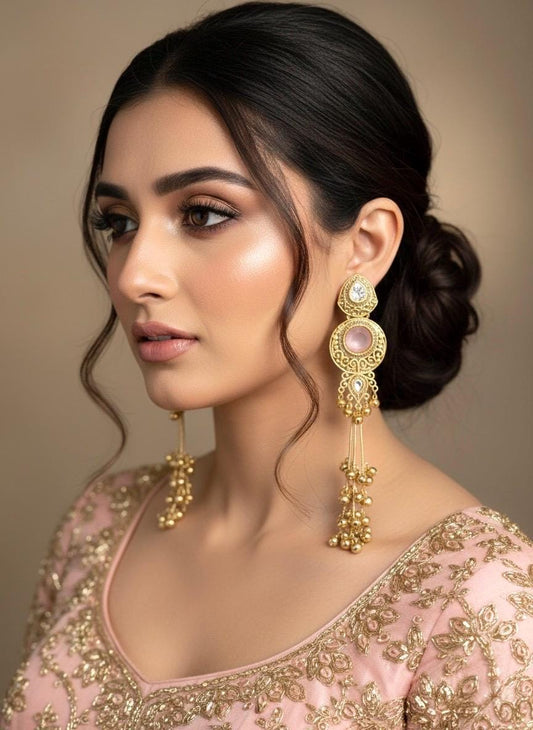 SHIVI Pink and golden Ghunghroo earrings, Kashmiri long statement earrings, Indian Pakistani ethnic tradition wedding jewelry