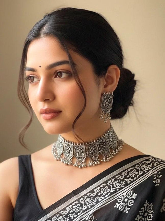 INAYAT german silver choker and earrings set, boho afghani jewelry, artificial oxidised jewelry, tribal gypsy choker set
