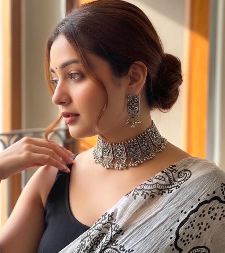 INAYAT german silver choker and earrings set, boho afghani jewelry, artificial oxidised jewelry, tribal gypsy choker set