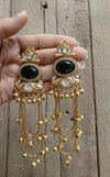 PRIA Green and golden Ghunghroo earrings, Kashmiri long statement earrings, Indian Pakistani ethnic tradition wedding jewelry