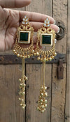 KIRAT Green and golden Ghunghroo earrings, Kashmiri long statement earrings, Indian Pakistani ethnic tradition wedding jewelry