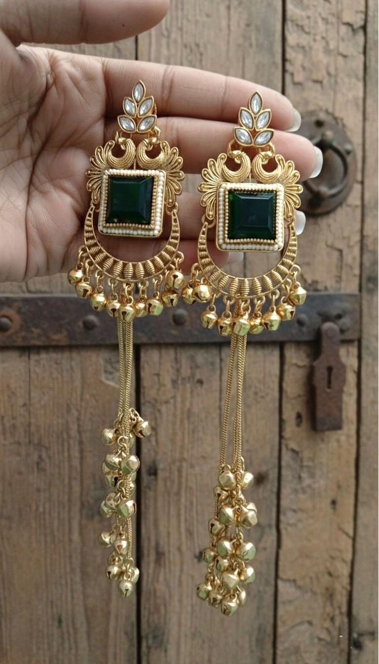 KIRAT Green and golden Ghunghroo earrings, Kashmiri long statement earrings, Indian Pakistani ethnic tradition wedding jewelry