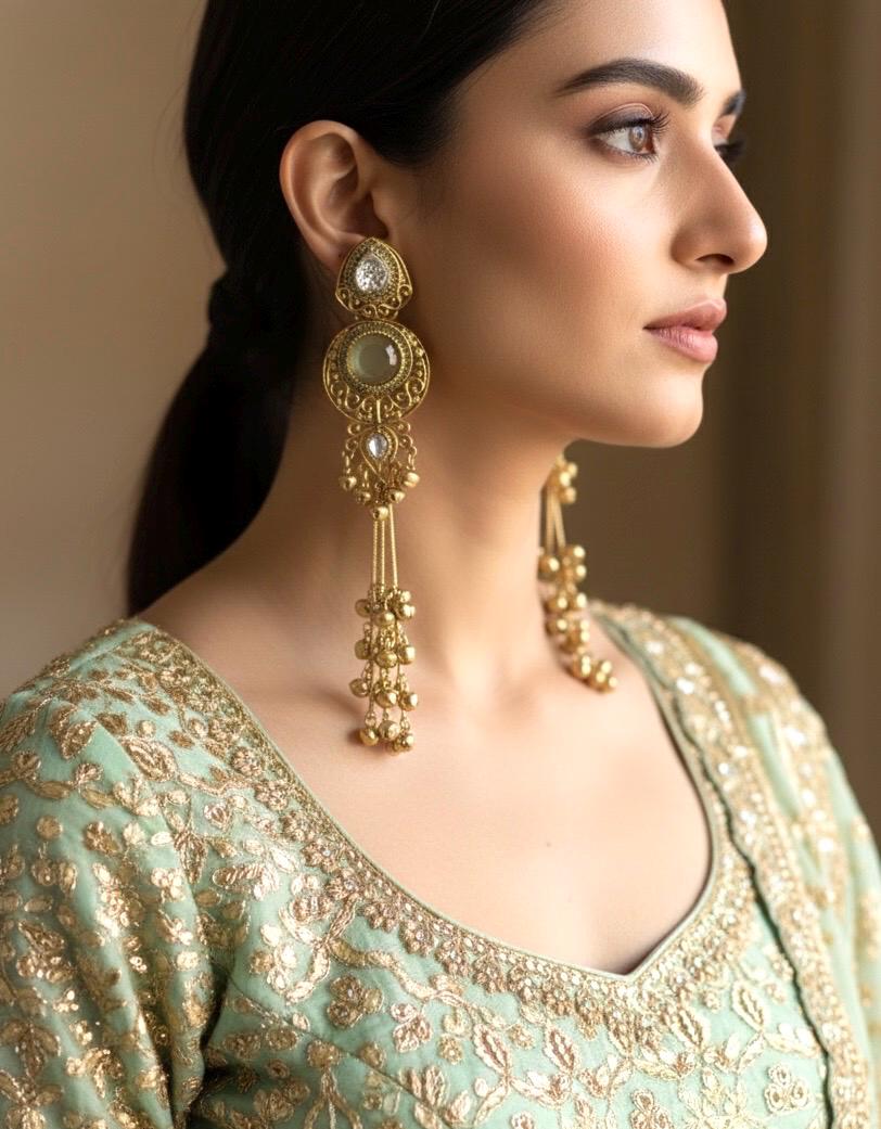 SHIVI Mint/ Light olive and golden Ghunghroo earrings, Kashmiri long statement earrings, Indian Pakistani ethnic tradition wedding jewelry