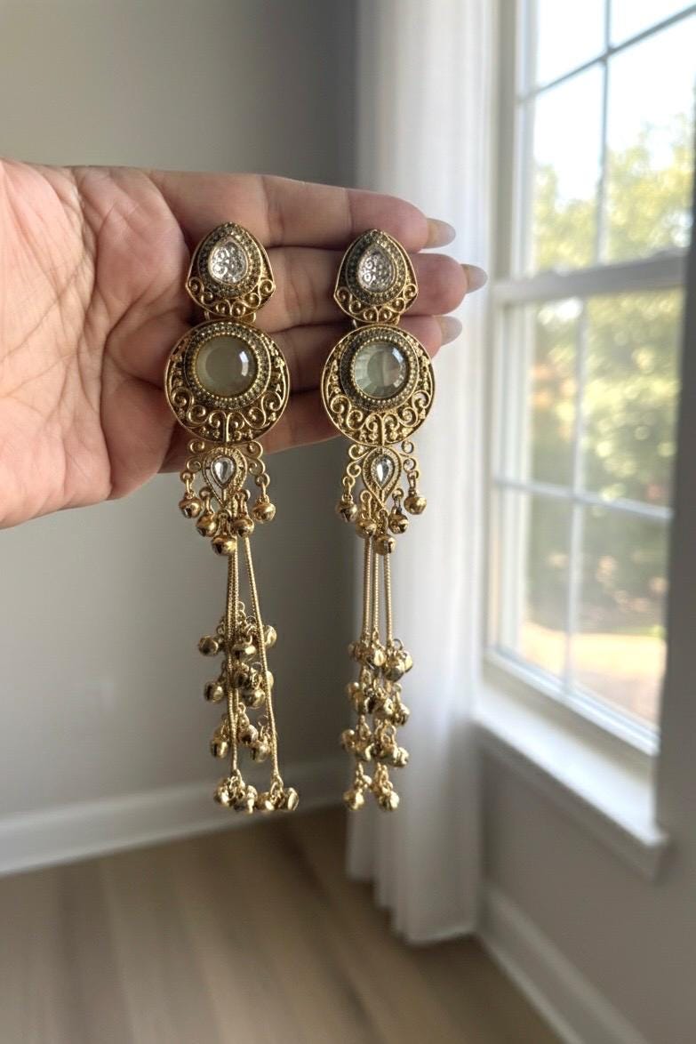 SHIVI Mint/ Light olive and golden Ghunghroo earrings, Kashmiri long statement earrings, Indian Pakistani ethnic tradition wedding jewelry