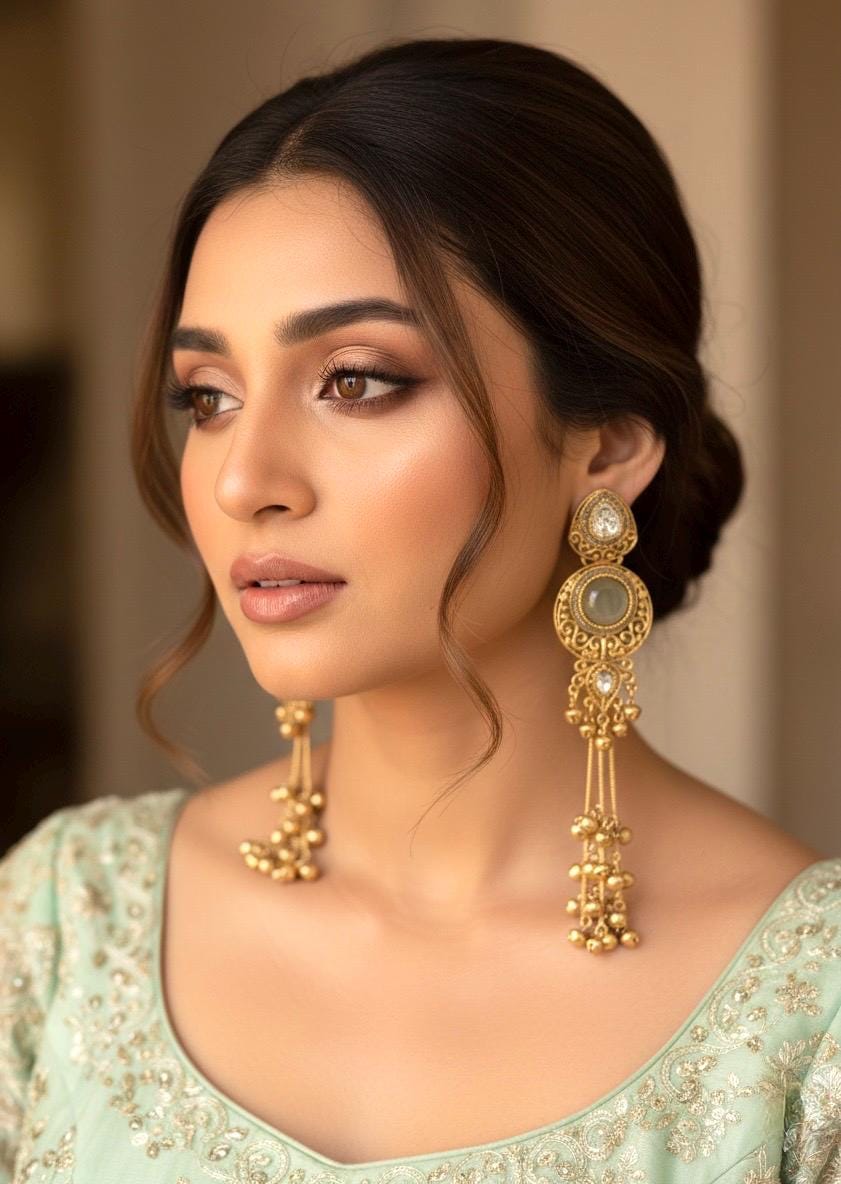 SHIVI Mint/ Light olive and golden Ghunghroo earrings, Kashmiri long statement earrings, Indian Pakistani ethnic tradition wedding jewelry