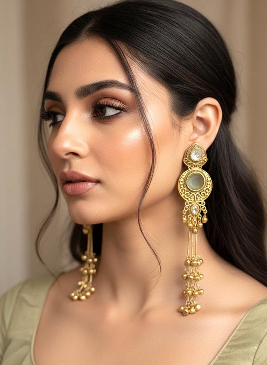 SHIVI Mint/ Light olive and golden Ghunghroo earrings, Kashmiri long statement earrings, Indian Pakistani ethnic tradition wedding jewelry