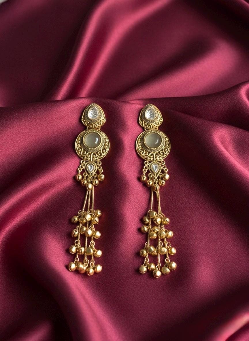 SHIVI Mint/ Light olive and golden Ghunghroo earrings, Kashmiri long statement earrings, Indian Pakistani ethnic tradition wedding jewelry