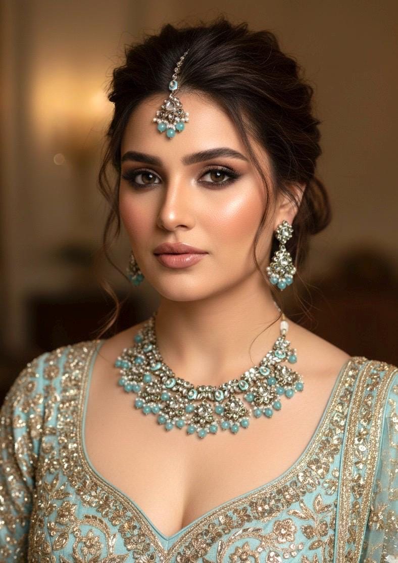 INA sky blue kundan and meenakari Necklace set with maangtika,Indian Pakistani wedding jewelry, blue colour traditional jewelry