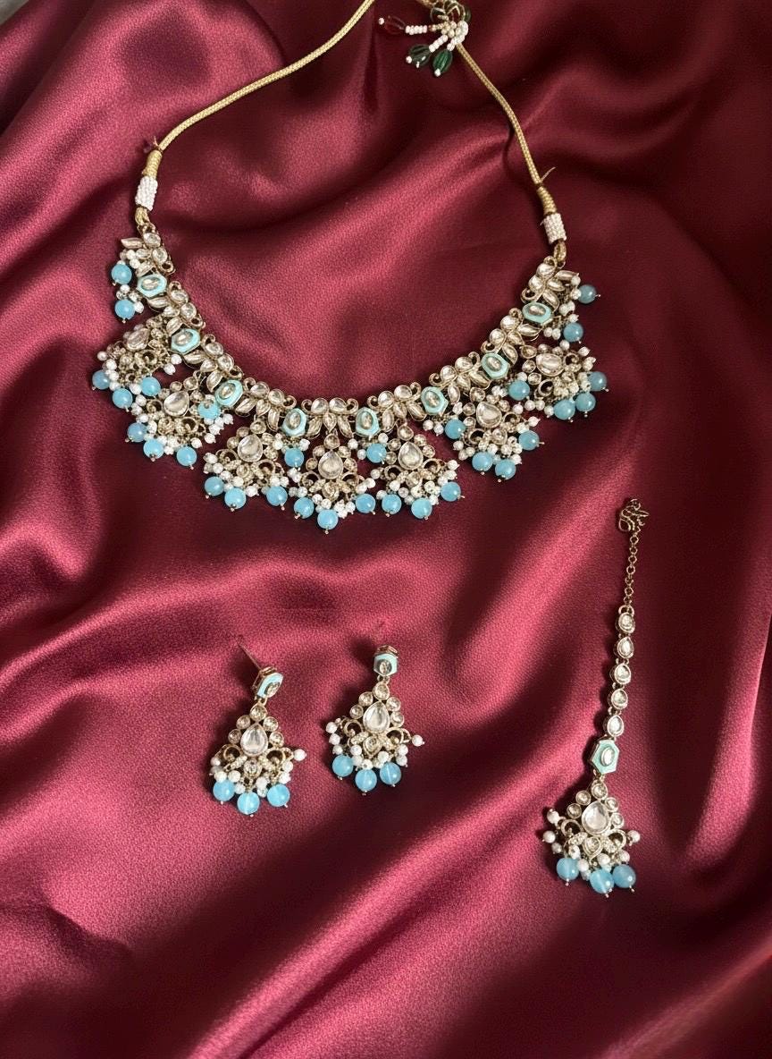 INA sky blue kundan and meenakari Necklace set with maangtika,Indian Pakistani wedding jewelry, blue colour traditional jewelry