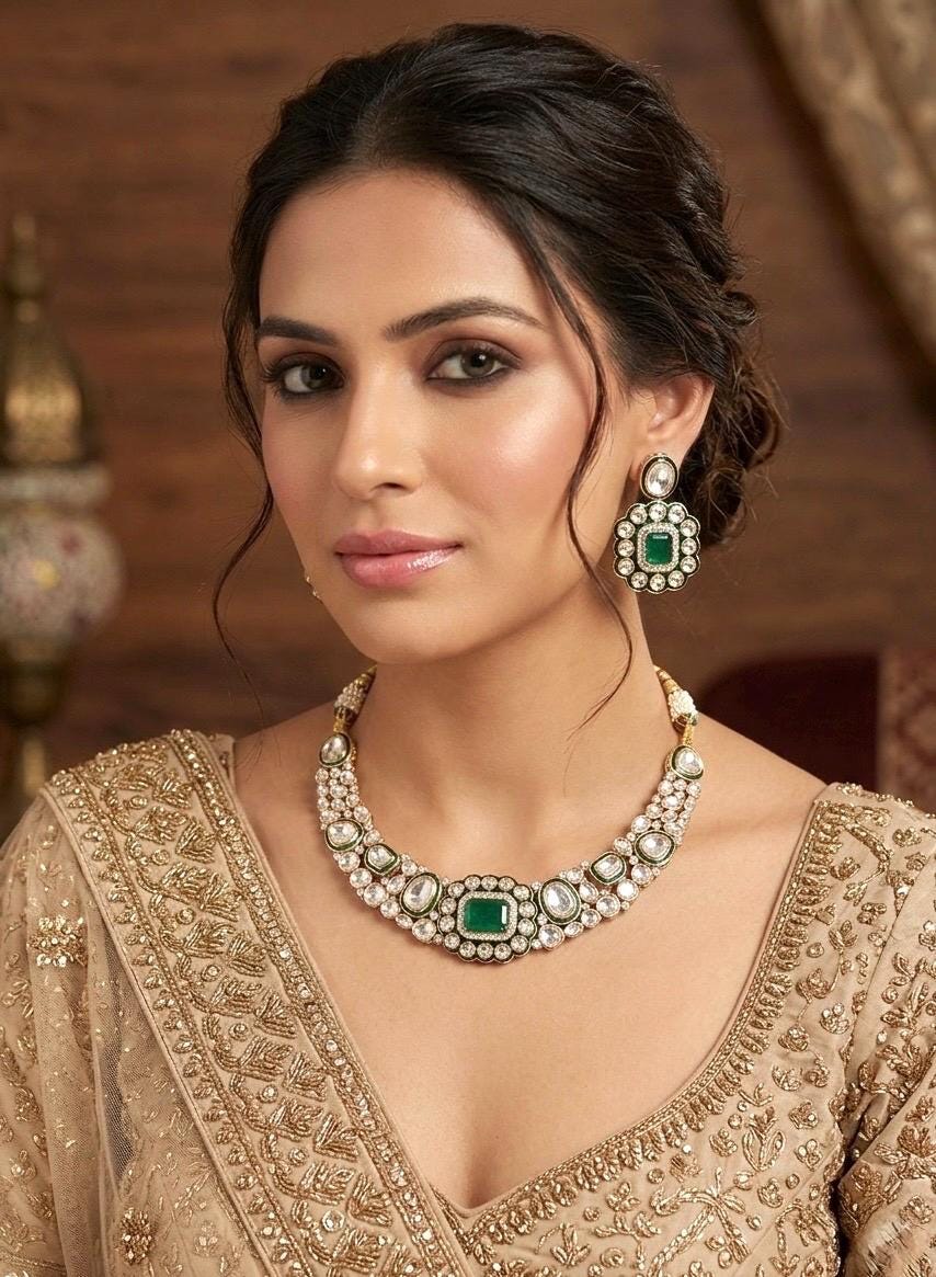 JAZMIN Premium quality Moissanite and kundan Necklace set in emerald green, Indian Pakistani wedding bridal jewelry