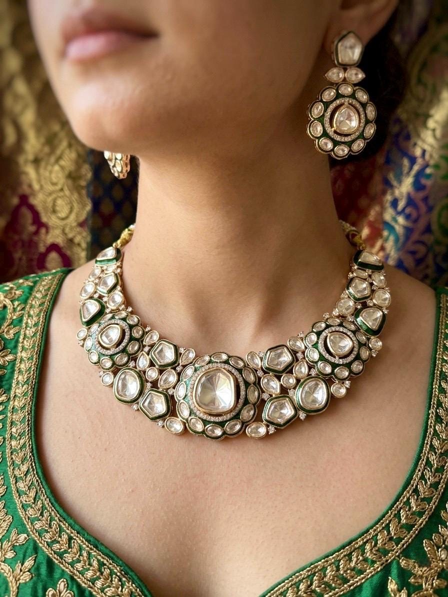 FIRDAUS Premium quality Moissanite polki and kundan Necklace set in emerald green meenakari , Indian Pakistani wedding bridal jewelry