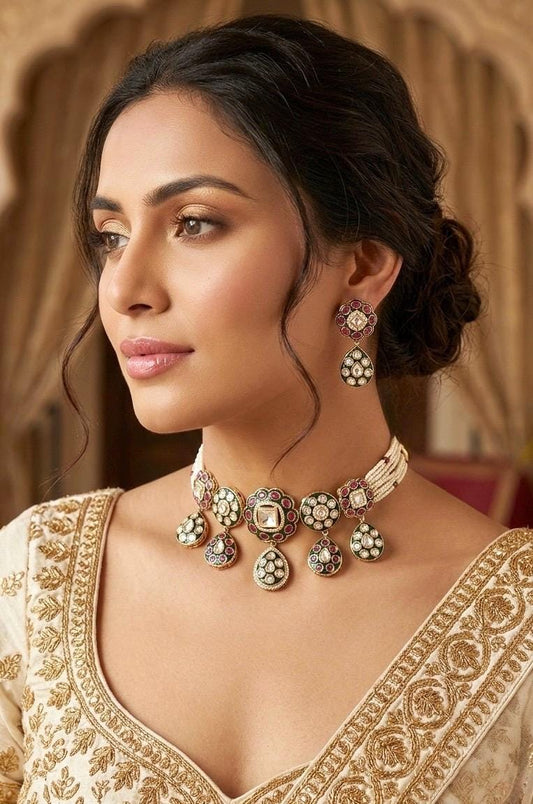 MAHVEEN Premium quality Moissanite and kundan Necklace set in ruby and emerald green, Indian Pakistani wedding bridal jewelry