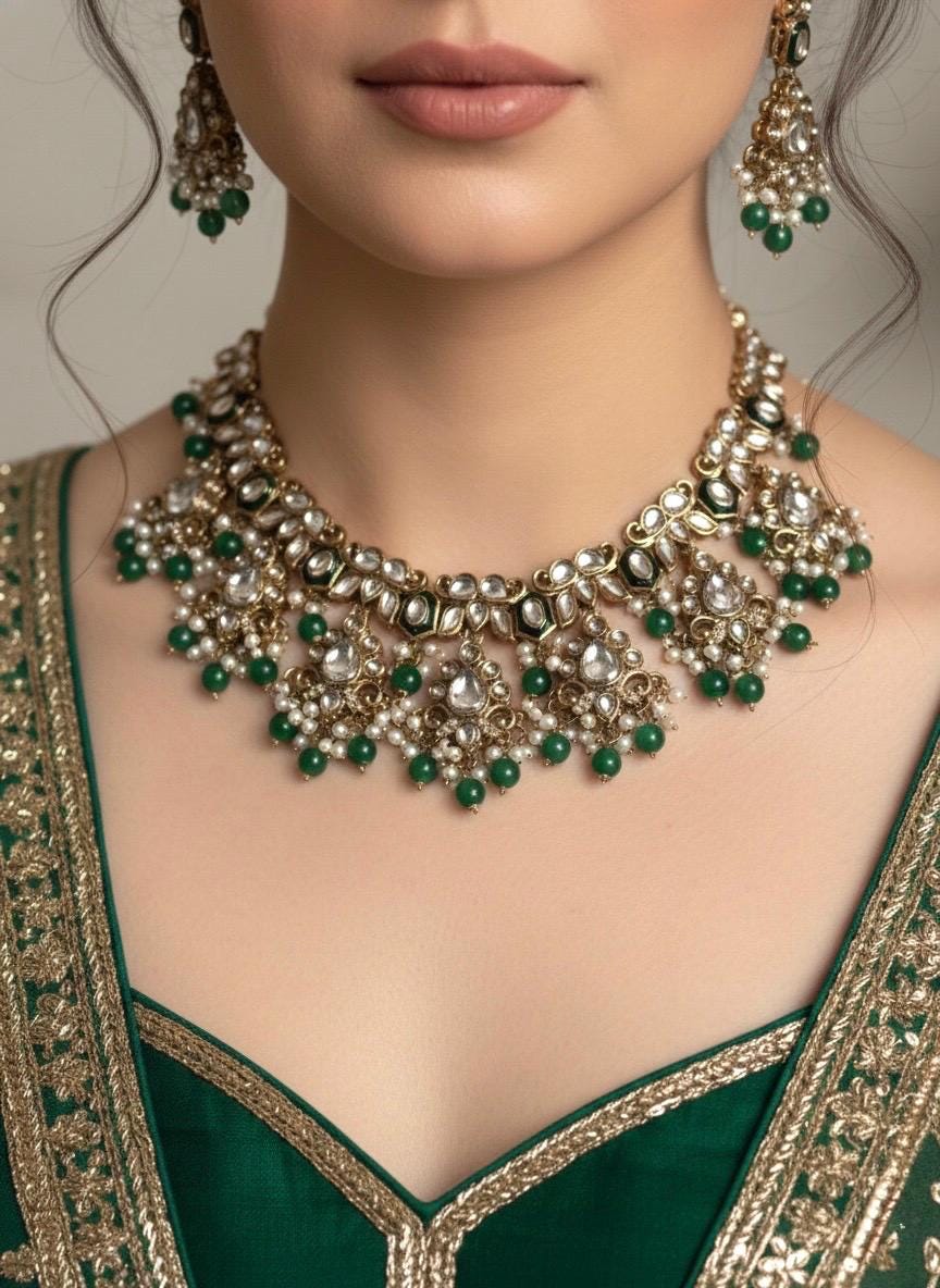 INA Emerald green kundan and meenakari Necklace set with maangtika,Indian Pakistani wedding jewelry, green colour traditional jewelry