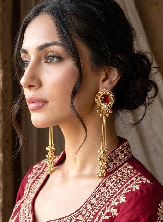 JENNA ruby red and golden Ghunghroo earrings, Kashmiri long statement earrings, Indian Pakistani ethnic tradition wedding jewelry