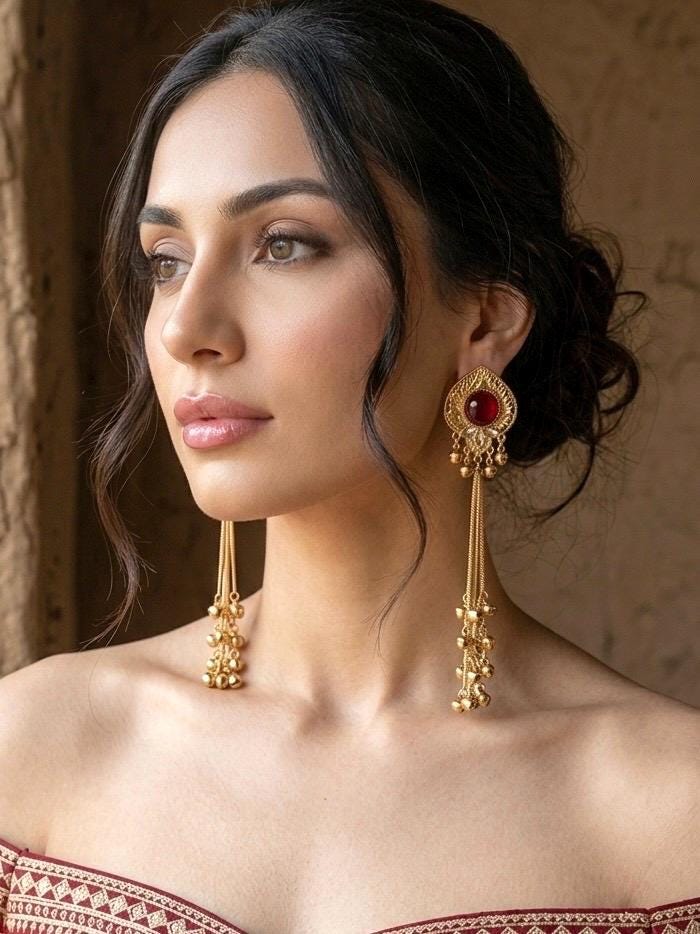 JENNA ruby red and golden Ghunghroo earrings, Kashmiri long statement earrings, Indian Pakistani ethnic tradition wedding jewelry