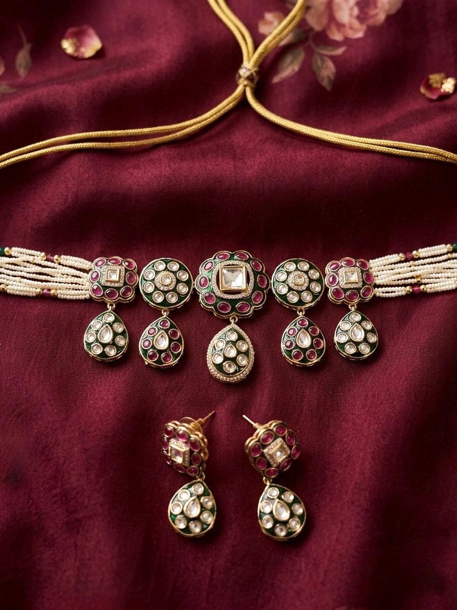 MAHVEEN Premium quality Moissanite and kundan Necklace set in ruby and emerald green, Indian Pakistani wedding bridal jewelry
