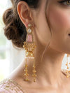 MRIGA light pink and golden Ghunghroo earrings, Kashmiri long statement earrings, Indian Pakistani ethnic tradition wedding jewelry