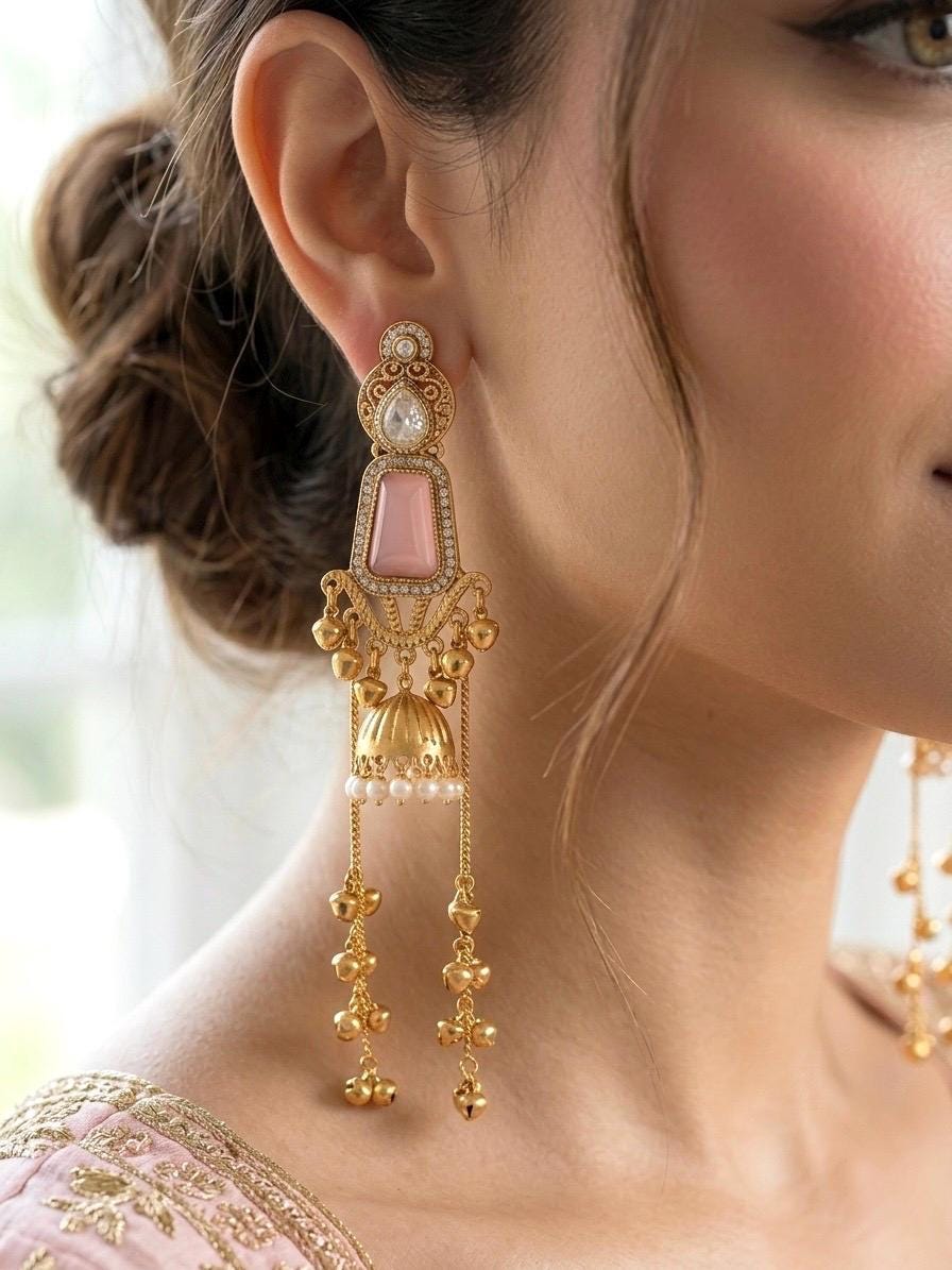 MRIGA light pink and golden Ghunghroo earrings, Kashmiri long statement earrings, Indian Pakistani ethnic tradition wedding jewelry