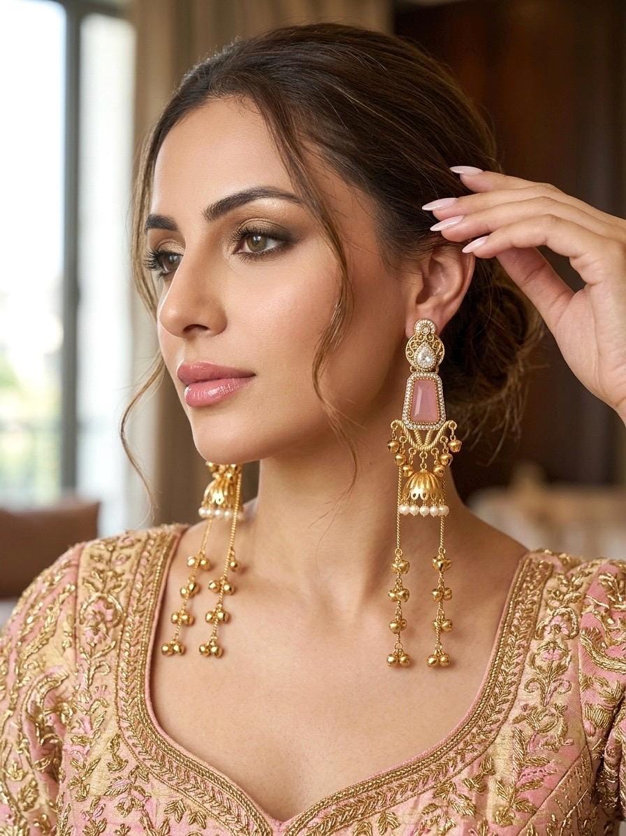 MRIGA light pink and golden Ghunghroo earrings, Kashmiri long statement earrings, Indian Pakistani ethnic tradition wedding jewelry
