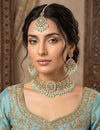 GAURI mint and golden cz Kundan and moissanite replica choker necklace set with maangtika, Indian Pakistani wedding bridal jewelry