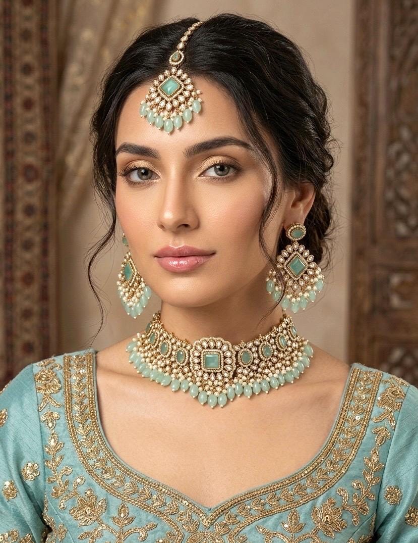 GAURI mint and golden cz Kundan and moissanite replica choker necklace set with maangtika, Indian Pakistani wedding bridal jewelry