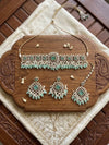 GAURI mint and golden cz Kundan and moissanite replica choker necklace set with maangtika, Indian Pakistani wedding bridal jewelry