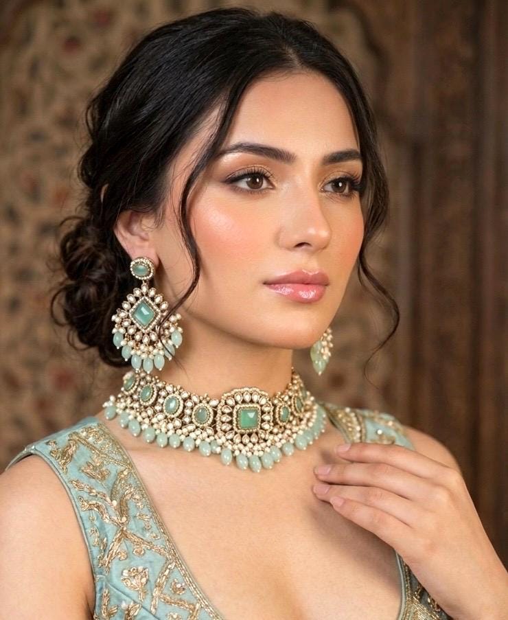 GAURI mint and golden cz Kundan and moissanite replica choker necklace set , Indian Pakistani wedding bridal jewelry