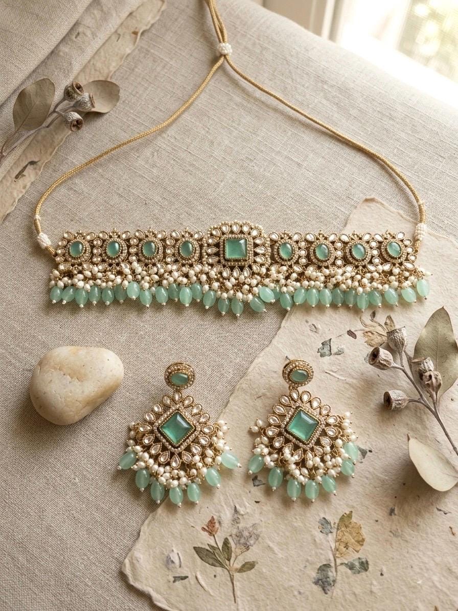 GAURI mint and golden cz Kundan and moissanite replica choker necklace set , Indian Pakistani wedding bridal jewelry